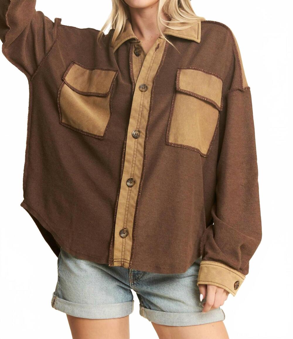NEW JADE BY JANE mineral wash collared button down oversized jacket in brown